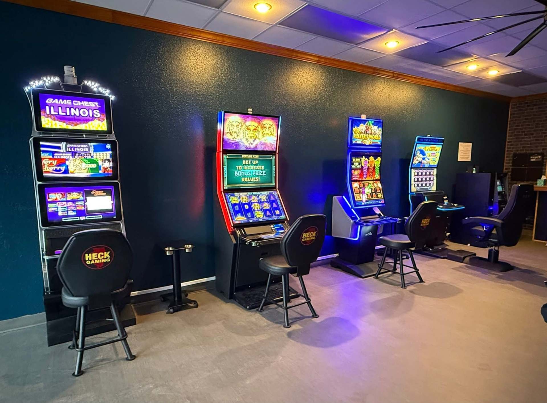 Gaming lounge with Game Chest Illinois, Player's World and VIP Lounge cabinets