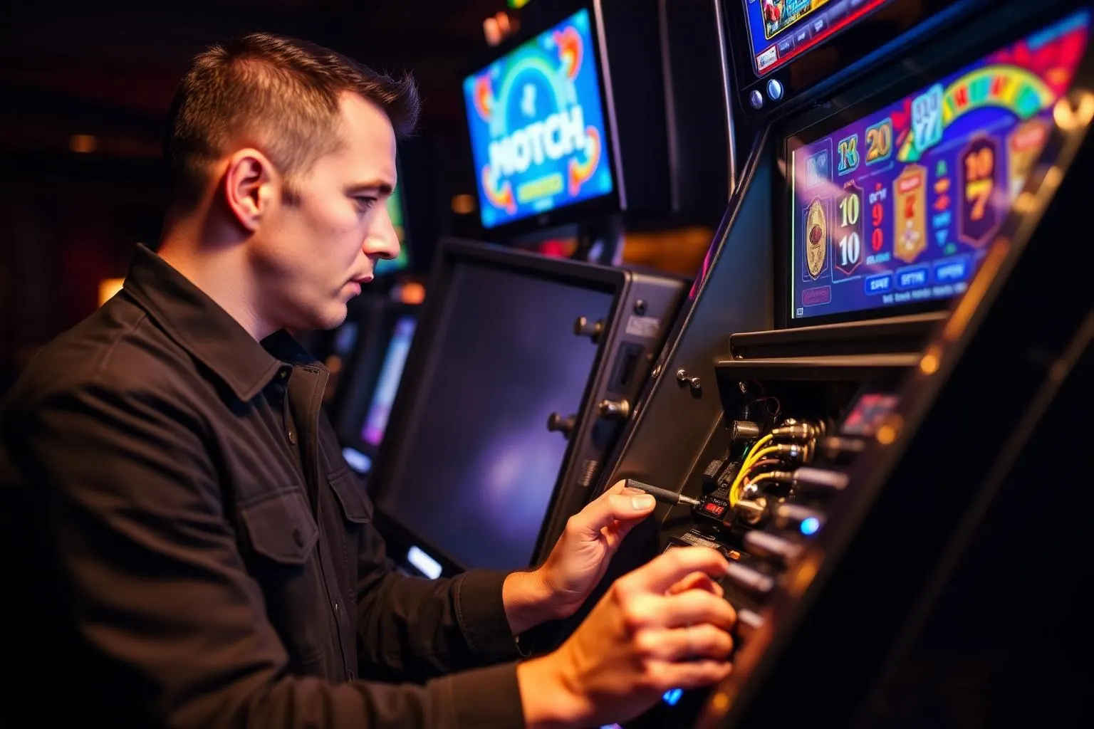 Heck Gaming technician servicing a video slot machine